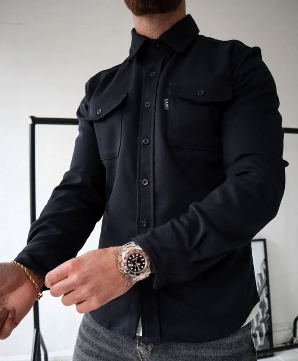 Men's Beige Casual Button-Down Shirt for Fall and Winter Everyday Wear Black