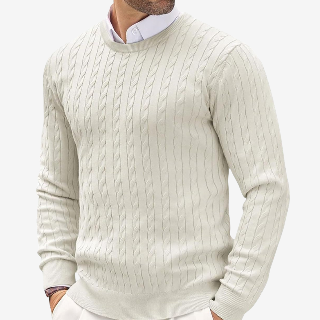 Men's Crew Neck Cable Knit Sweater for Fall and Winter Everyday Wear White