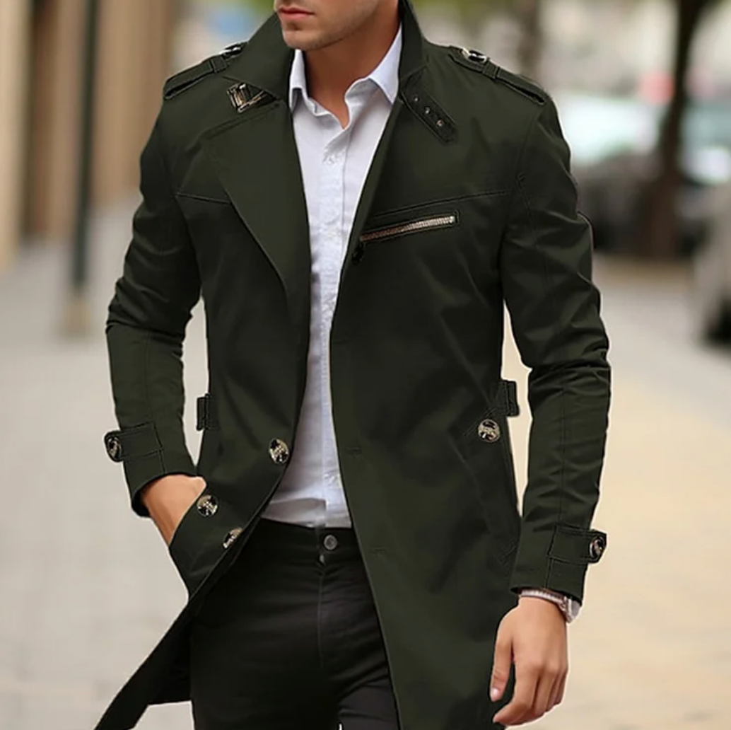 Men's Cream Double-Breasted Long Coat for Fall and Winter Green