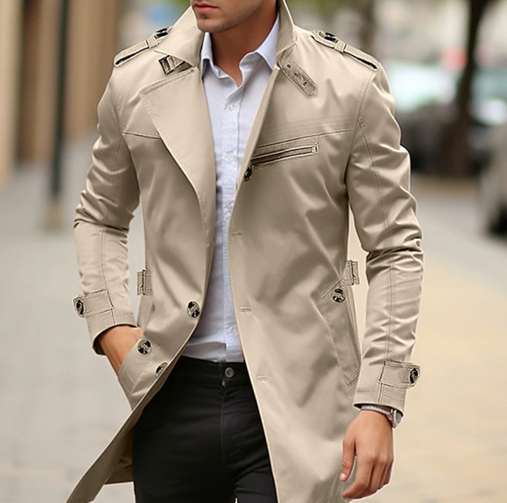 Men's Cream Double-Breasted Long Coat for Fall and Winter Cream