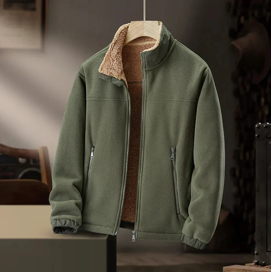 Men's Fleece Jacket with Cozy Sherpa Lining for Daily Use Army Green