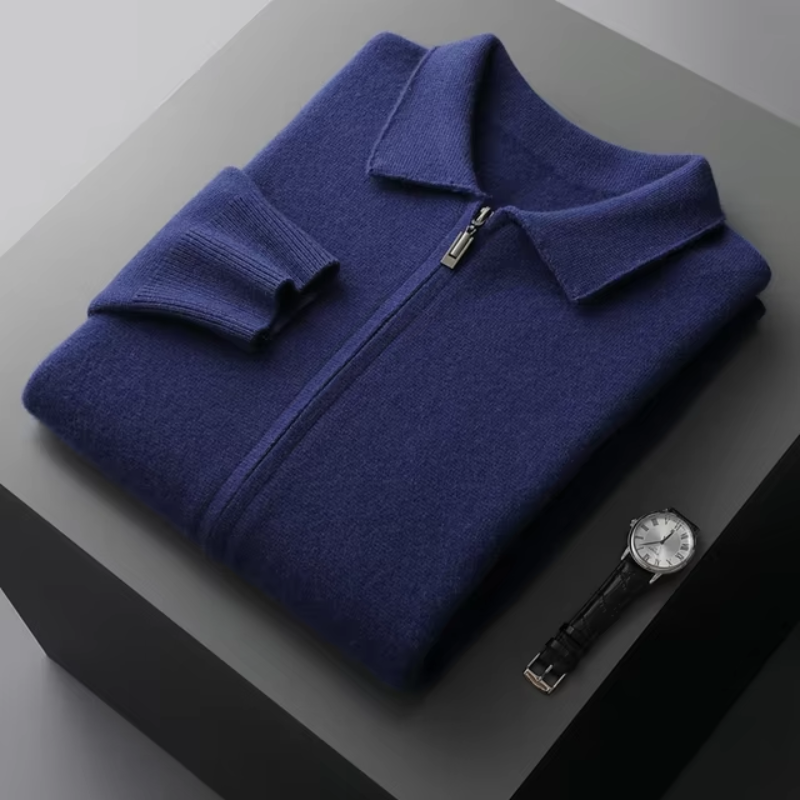 Men's Full Zip Collared Sweater Jacket for Daily Use Warm Blue