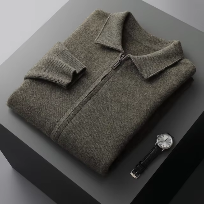 Men's Full Zip Collared Sweater Jacket for Daily Use Warm Green