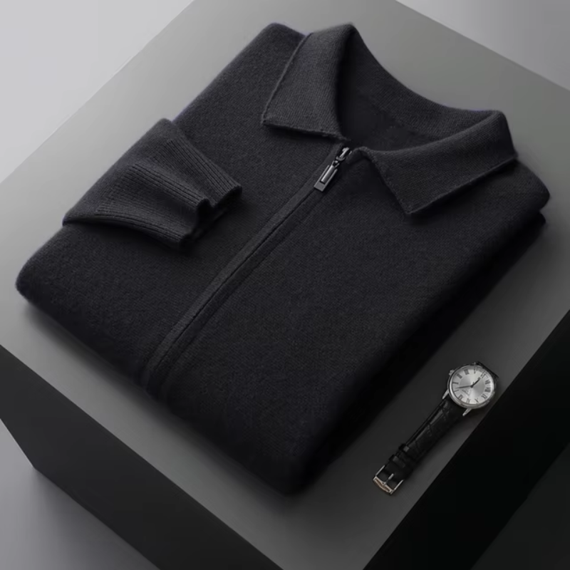 Men's Full Zip Collared Sweater Jacket for Daily Use Warm Black