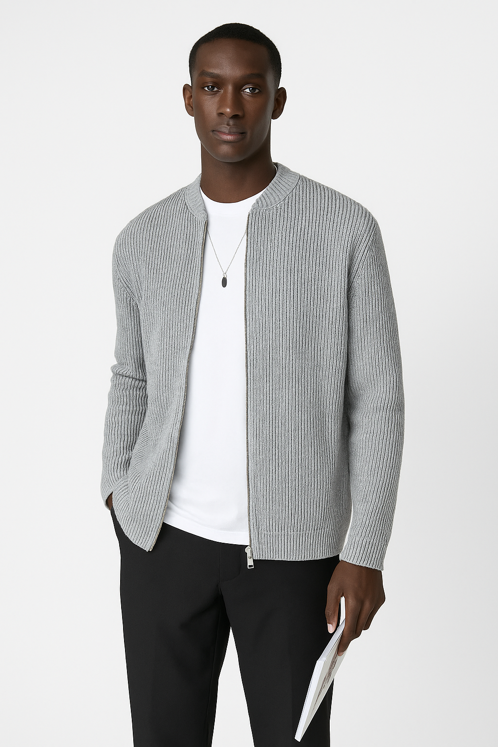Men's Black Full-Zip Ribbed Sweater for Fall and Winter Gray