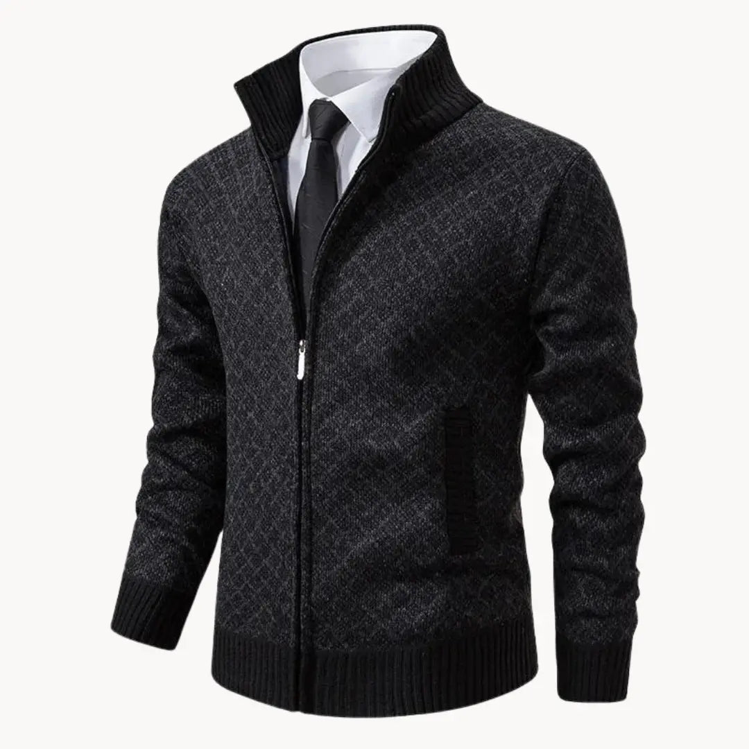 Men's Full-Zip Stand Collar Sweater Jacket for Daily Use Black