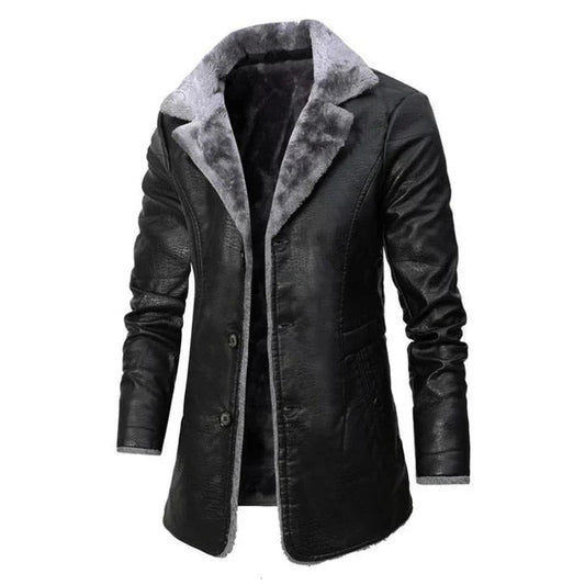 Men's Fur Collar Mid-Length Winter Coat for Daily Use Warm Black