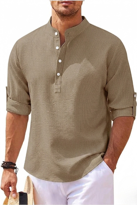 Men's Grandad Collar Casual Shirt for Fall and Winter Everyday Wear Beige