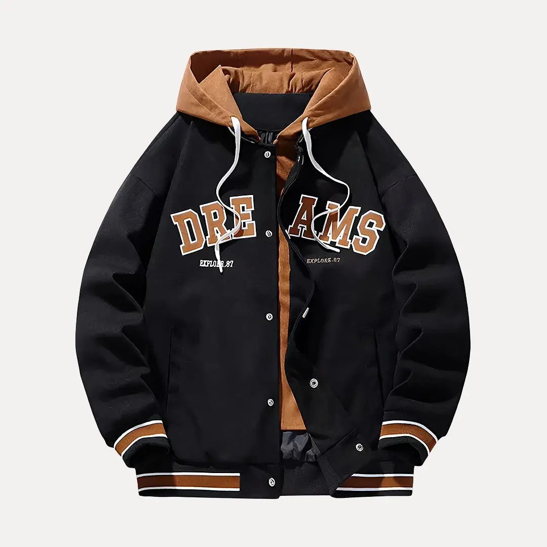 Men's Hooded Baseball Style Varsity Jacket for Daily Use Black