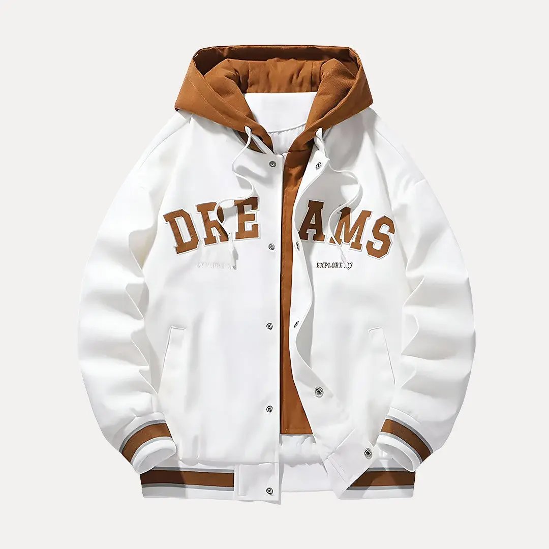 Men's Hooded Baseball Style Varsity Jacket for Daily Use White