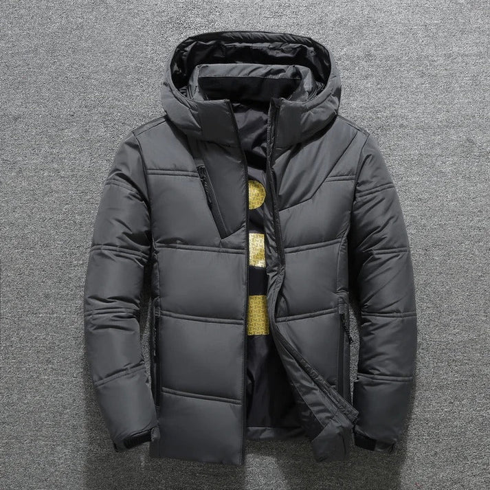 Men's Gray Hooded Puffer Jacket for Fall and Winter Everyday Wear Gray