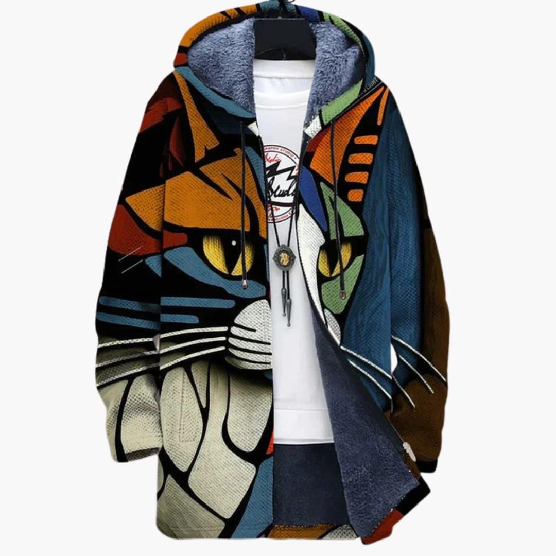Men's Hooded Zip-Up Sweatshirt with Cat Graphic Design for Daily Use Dark Blue