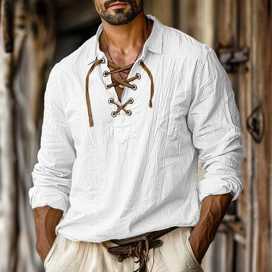 Men's Lace-Up Long Sleeve Shirt for Fall and Winter Everyday Wear White