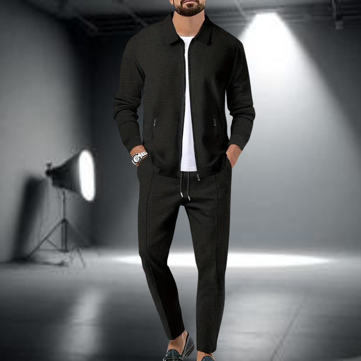 Men's Lightweight Sports Set – Trendy Zip-Up Jacket and Joggers Black