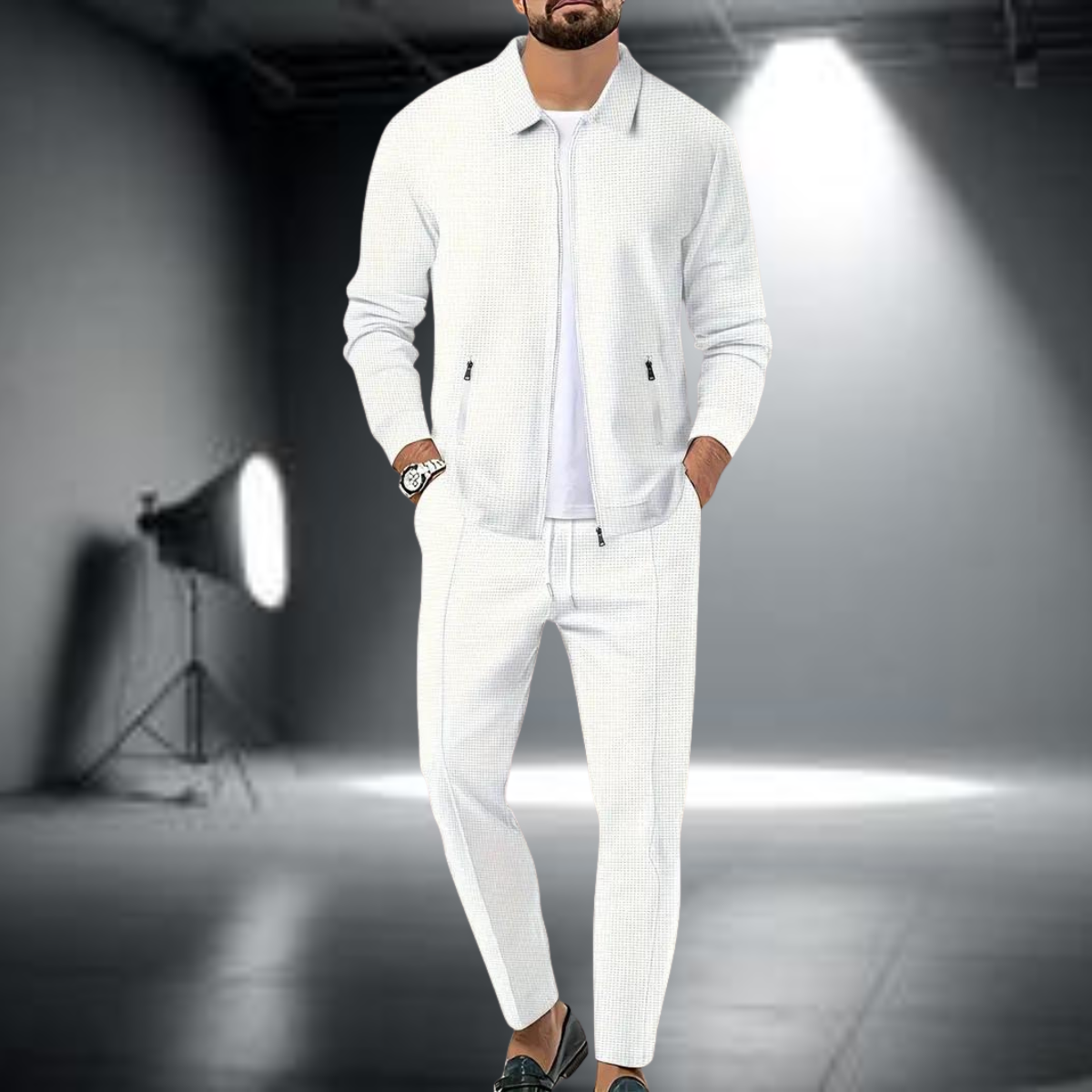 Men's Lightweight Sports Set – Trendy Zip-Up Jacket and Joggers White