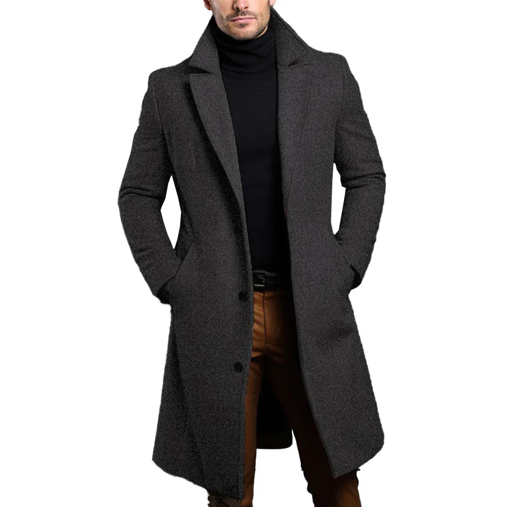 Men's Long Coat with Notched Lapel for Fall and Winter Everyday Wear Dark Grey