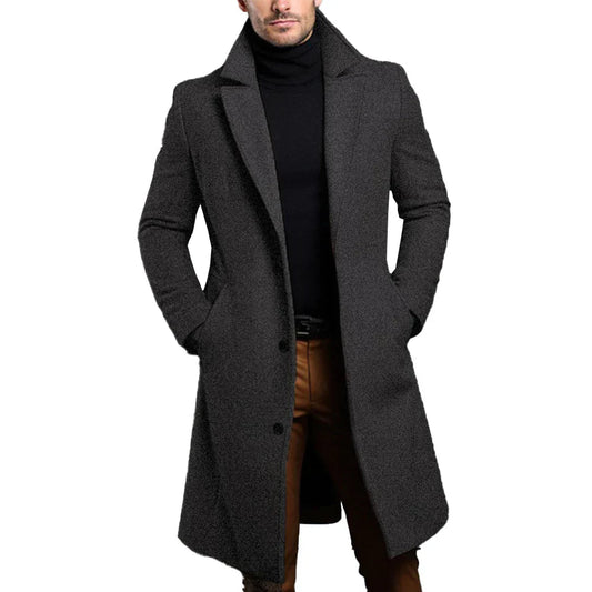 Men's Long Coat with Notched Lapel for Fall and Winter Everyday Wear Dark Grey