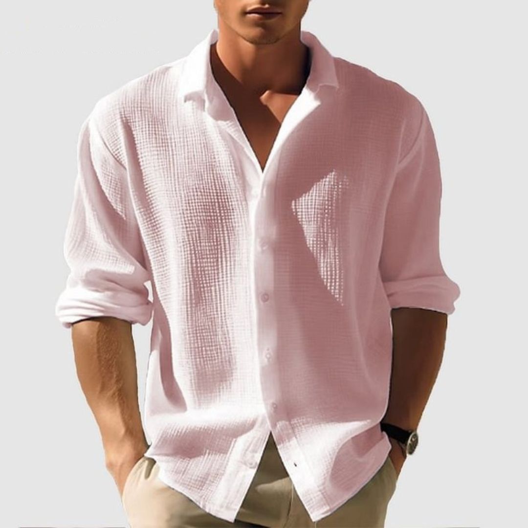 Men's Long Sleeve Button-Down Casual Shirt for Daily Use Light Pink
