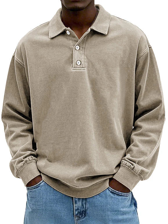 Men's Long Sleeve Button-Down Polo Shirt for Daily Use Warm Khaki
