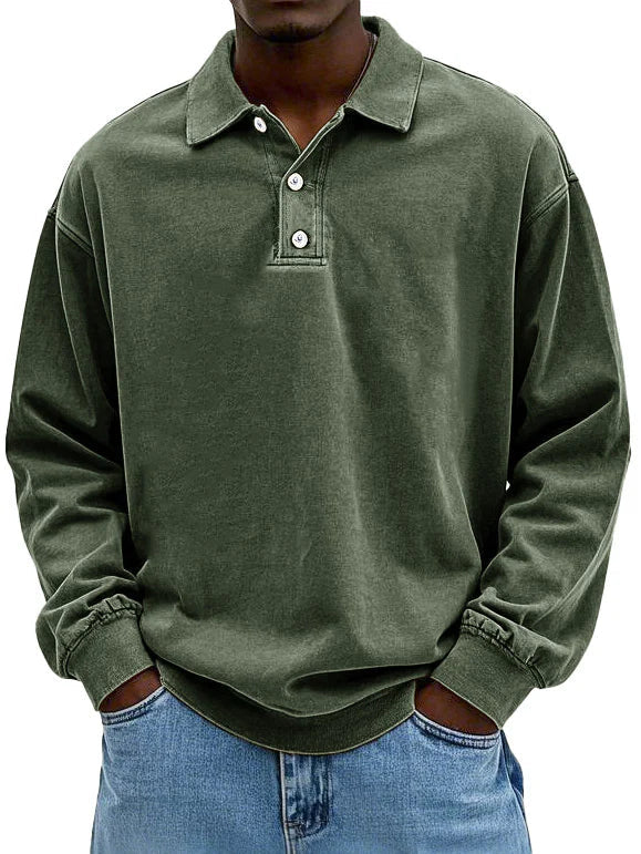 Men's Long Sleeve Button-Down Polo Shirt for Daily Use Warm Army
