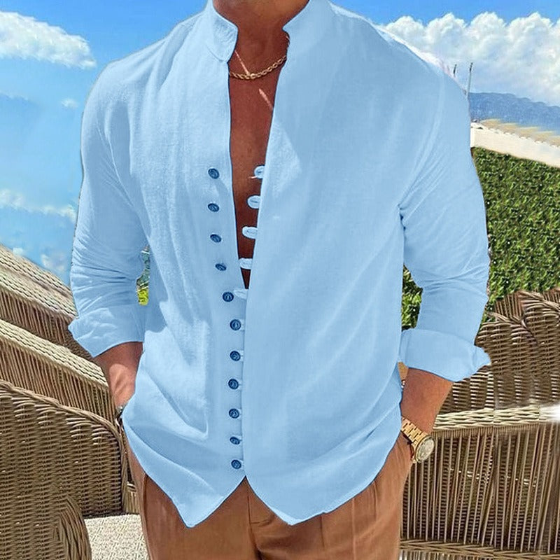 Men's Pink Long Sleeve Casual Button-Down Shirt for Everyday Wear Light Blue