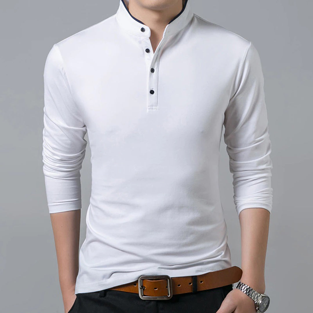 Men's Long Sleeve Slim-Fit Polo Shirt for Daily Use Warm White