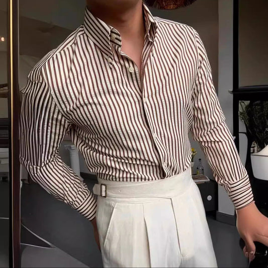 Men's Long Sleeve Striped Button-Up Shirt for Daily Use
