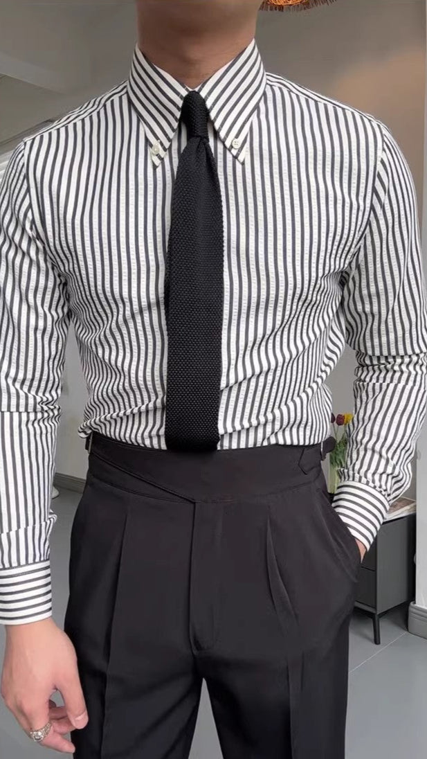 Men's Long Sleeve Striped Button-Up Shirt for Daily Use Black