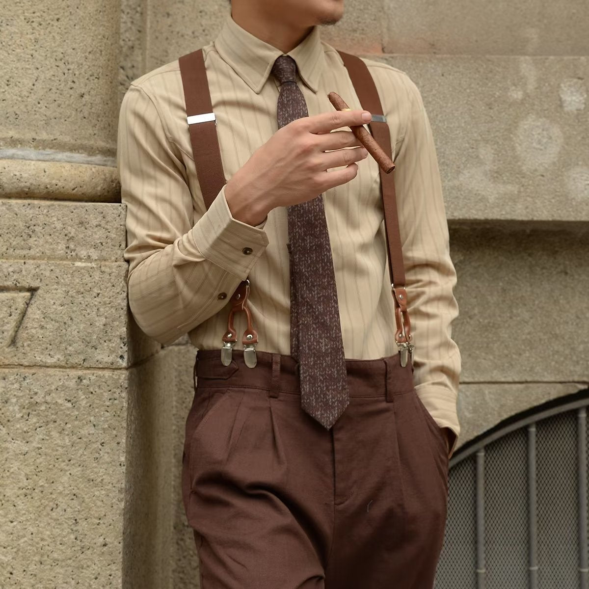 Men's Apricot Long Sleeve Striped Casual Shirt for Everyday Wear