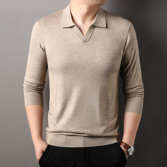 Men's Long Sleeve V-Neck Polo Shirt for Fall and Winter Everyday Wear