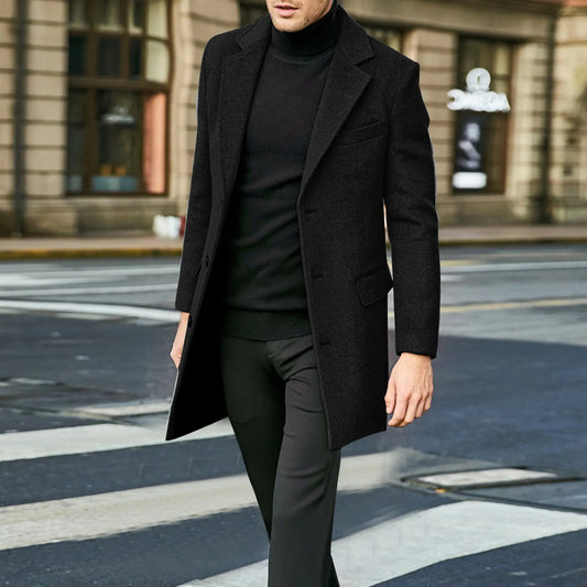 Men's Mid-Length Notched Lapel Overcoat for Daily Use Warm