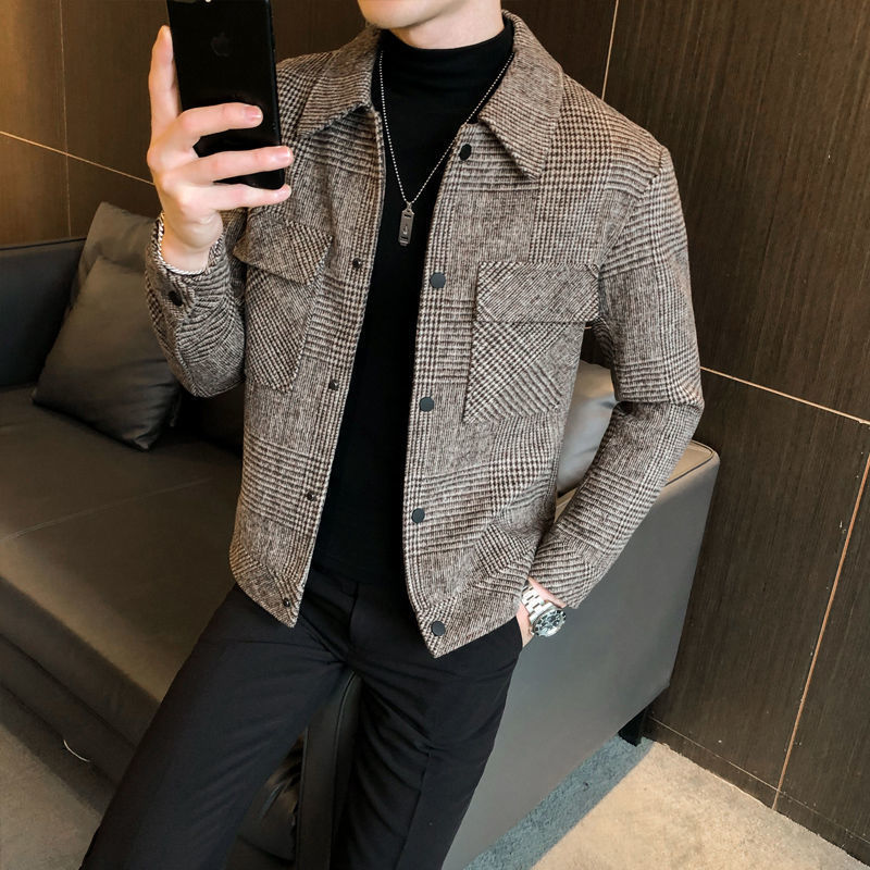 Men's Plaid Button-Down Jacket for Fall and Winter Everyday Wear Taupe