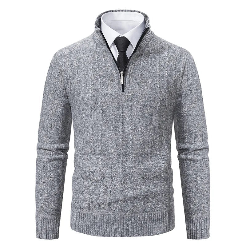 Men's Midnight Blue Quarter-Zip Cable Knit Sweater for Fall and Winter Light Grey
