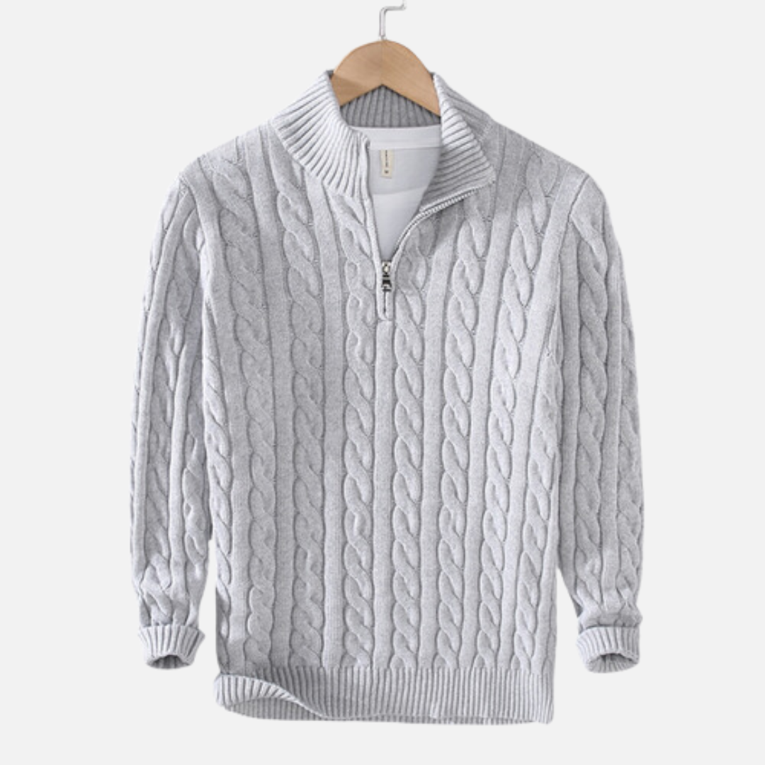 Men's Navy Blue Quarter-Zip Cable Knit Sweater for Fall and Winter Grey