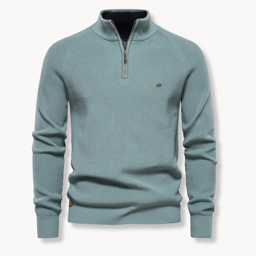 Men's Navy Blue Quarter-Zip Ribbed Knit Sweater for Everyday Wear Blue