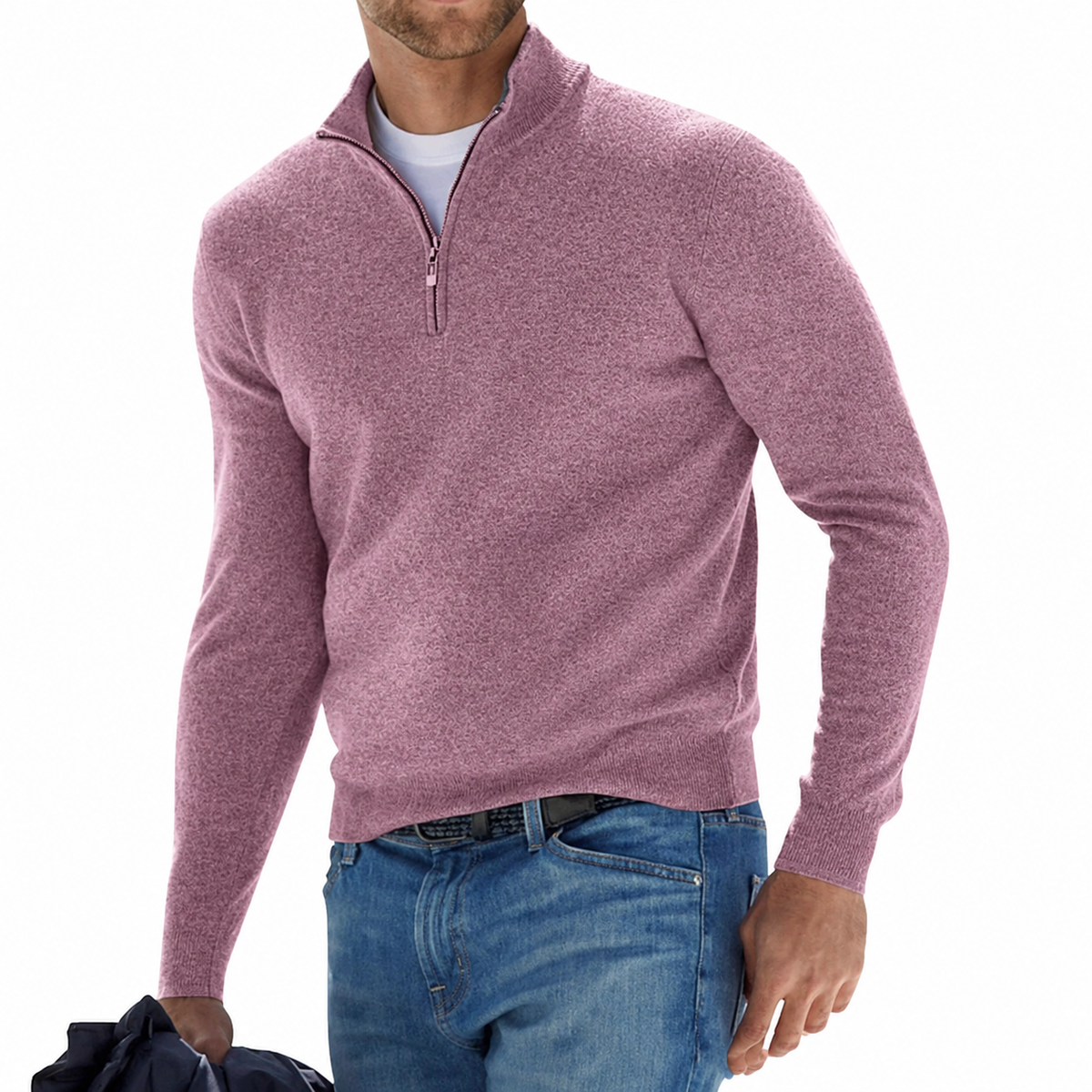 Men's Multi-Color Quarter Zip Sweater for Fall and Winter Pink