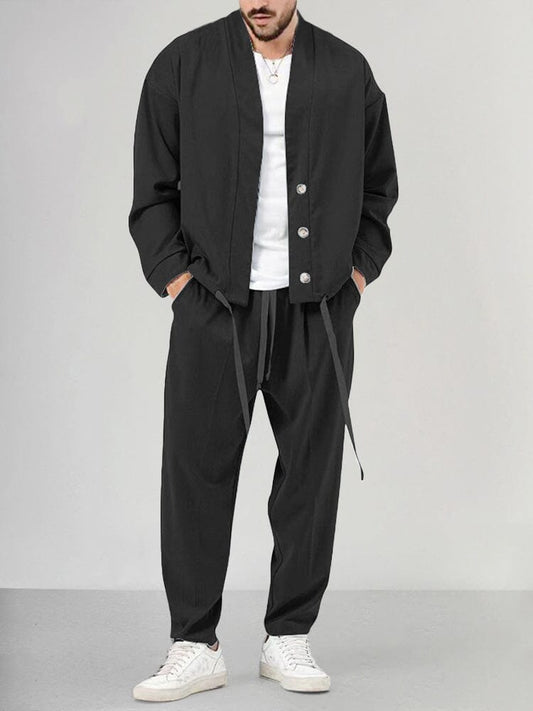 Men's Relaxed Fit 2-Piece Casual Outfit Set for Daily Use Black
