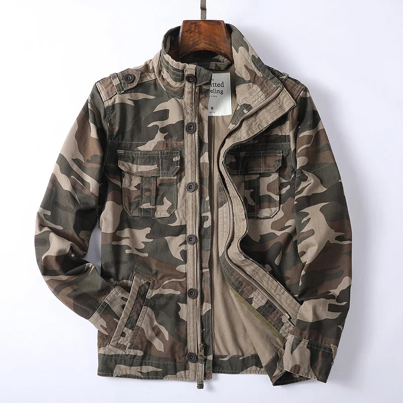 Men's Vintage Style Denim Cargo Jacket for Daily Use Warm Sand Camo