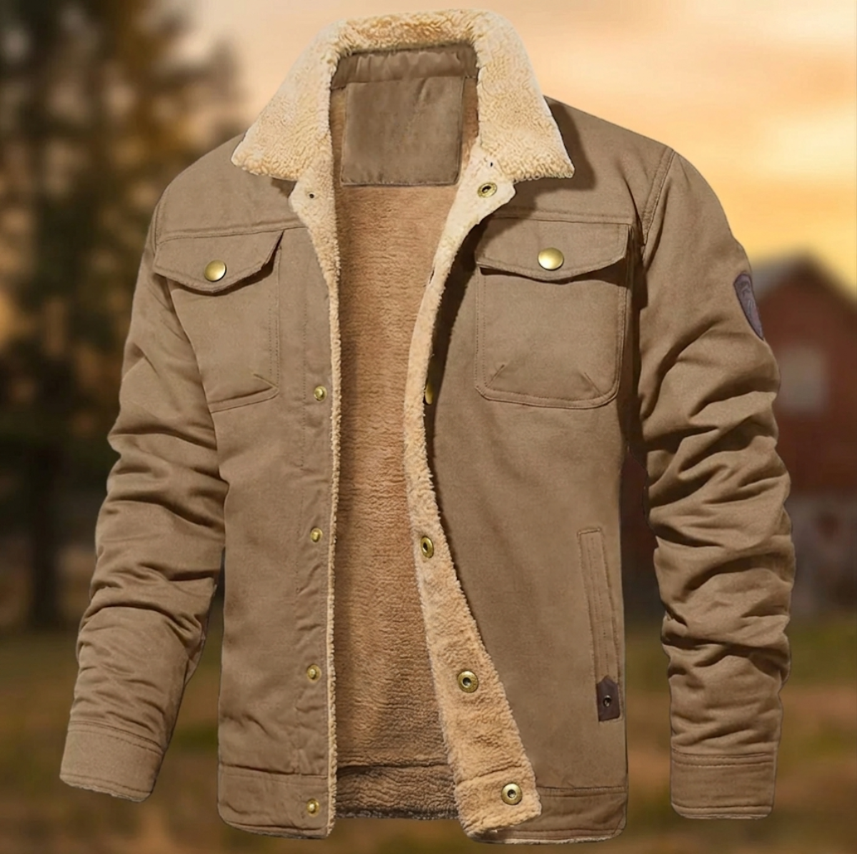 Men's Sherpa Collar Button-Down Jacket for Daily Use Warm Beige