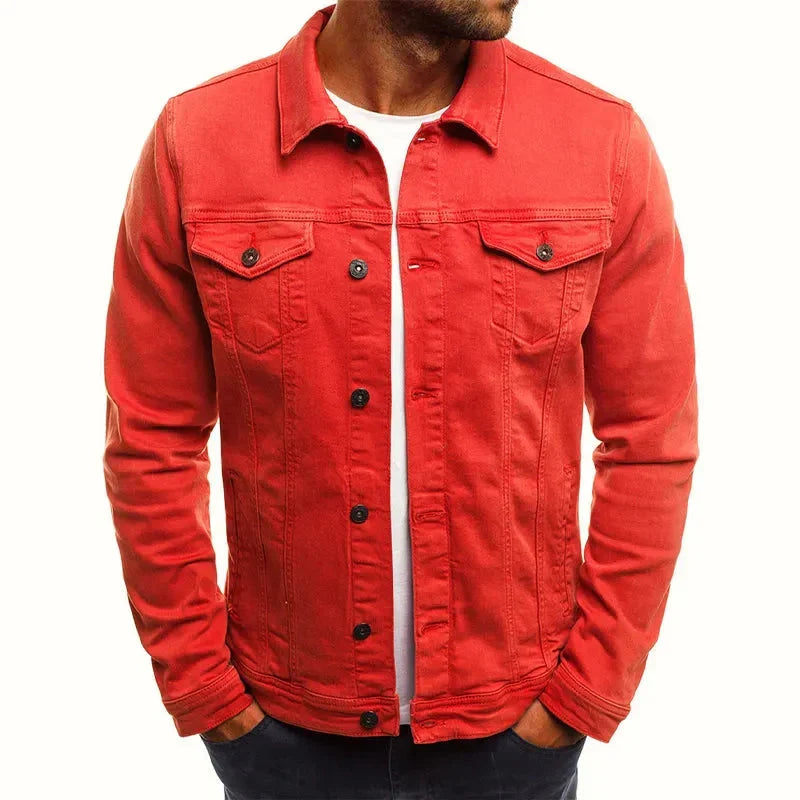 Men's Slim-Fit Denim Jacket with Button Closure with Button-down Red