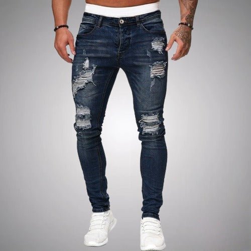 Men's Slim Fit Distressed Denim Jeans for Daily Use Warm Dark Blue
