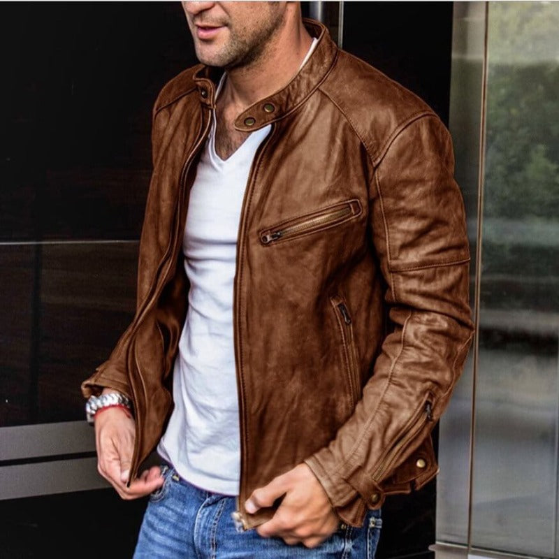 Men's Slim Fit Racer Jacket with Zipper front for easy wear Brown