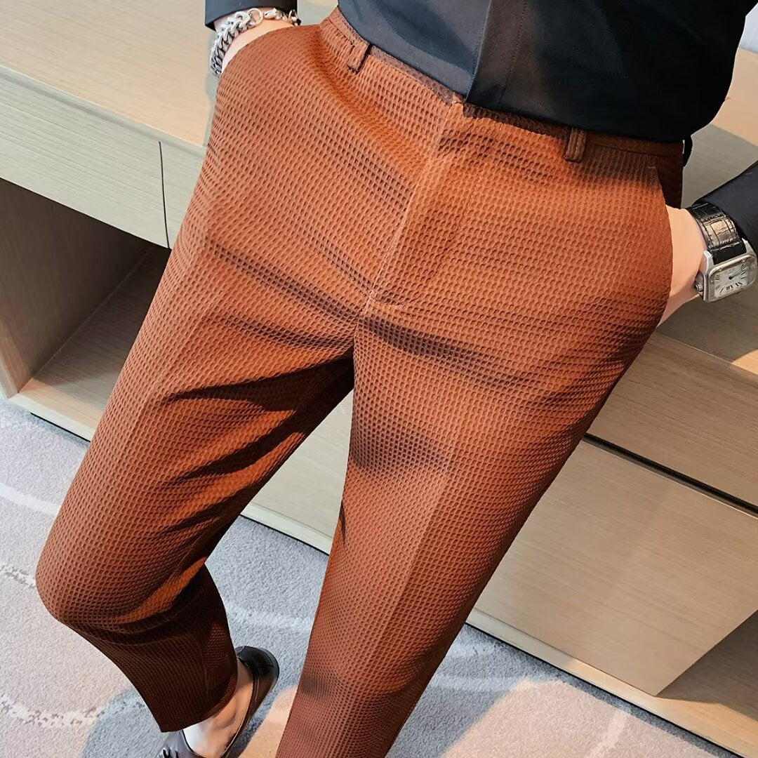 Men's Slim Fit Textured Dress Pants for Fall and Winter Everyday Wear Brown
