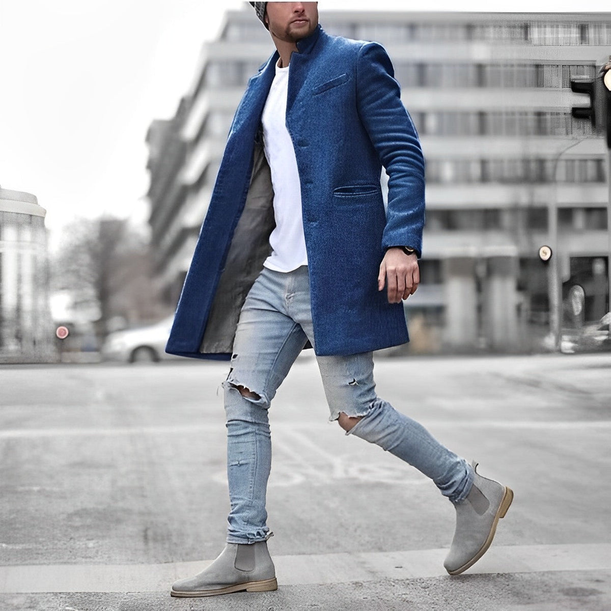Men's Slim-Fit Topcoat for Fall and Winter Everyday Wear Blue