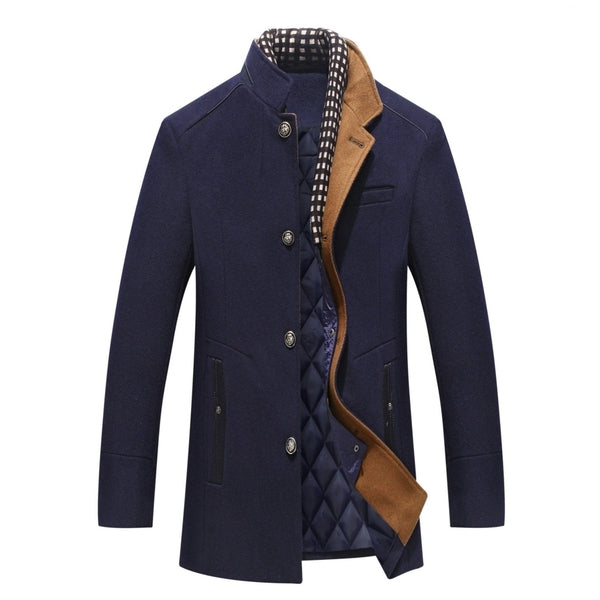 Men's Stand Collar Mid-Length Coat for Fall and Winter Everyday Wear Navy Blue