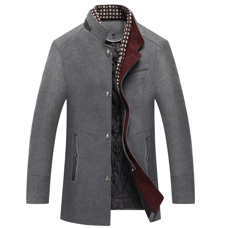 Men's Stand Collar Mid-Length Coat for Fall and Winter Everyday Wear Gray
