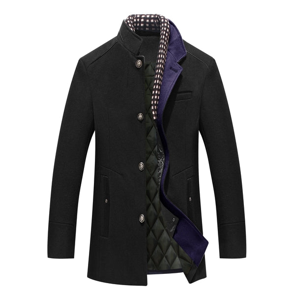 Men's Stand Collar Mid-Length Coat for Fall and Winter Everyday Wear Black