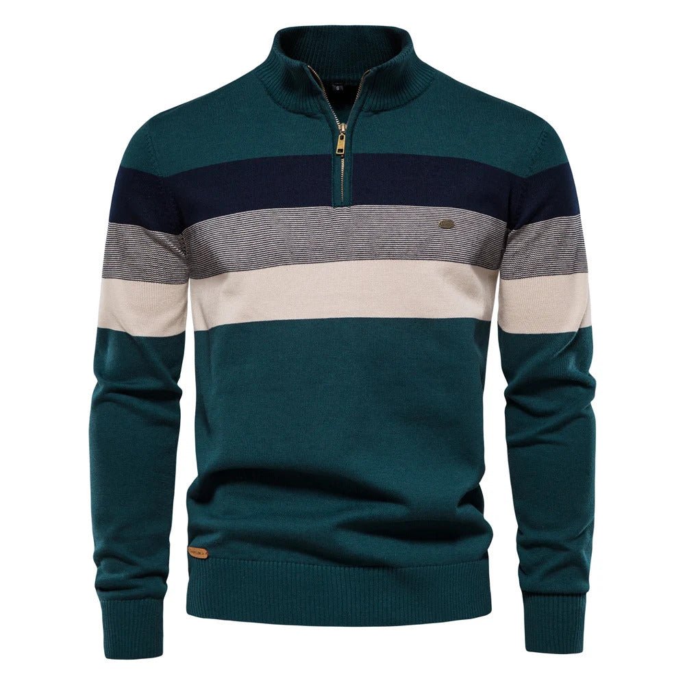 Men's Striped Quarter Zip Sweater for Fall and Winter Everyday Wear Green