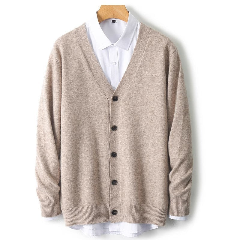 Men's V-Neck Button-Front Cardigan for Fall and Winter Everyday Wear Beige