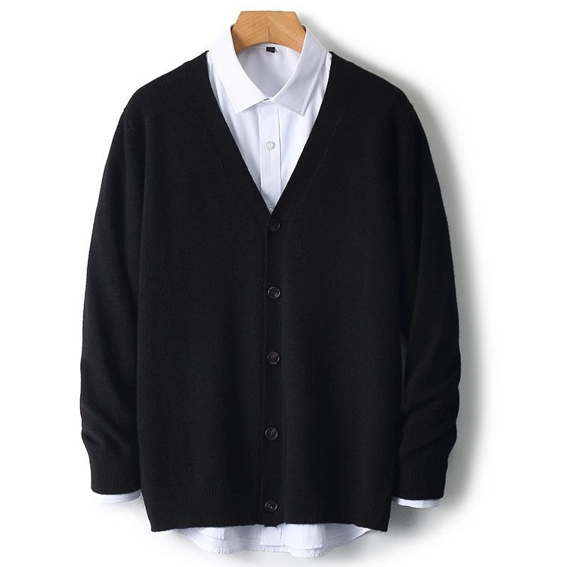 Men's V-Neck Button-Front Cardigan for Fall and Winter Everyday Wear Black